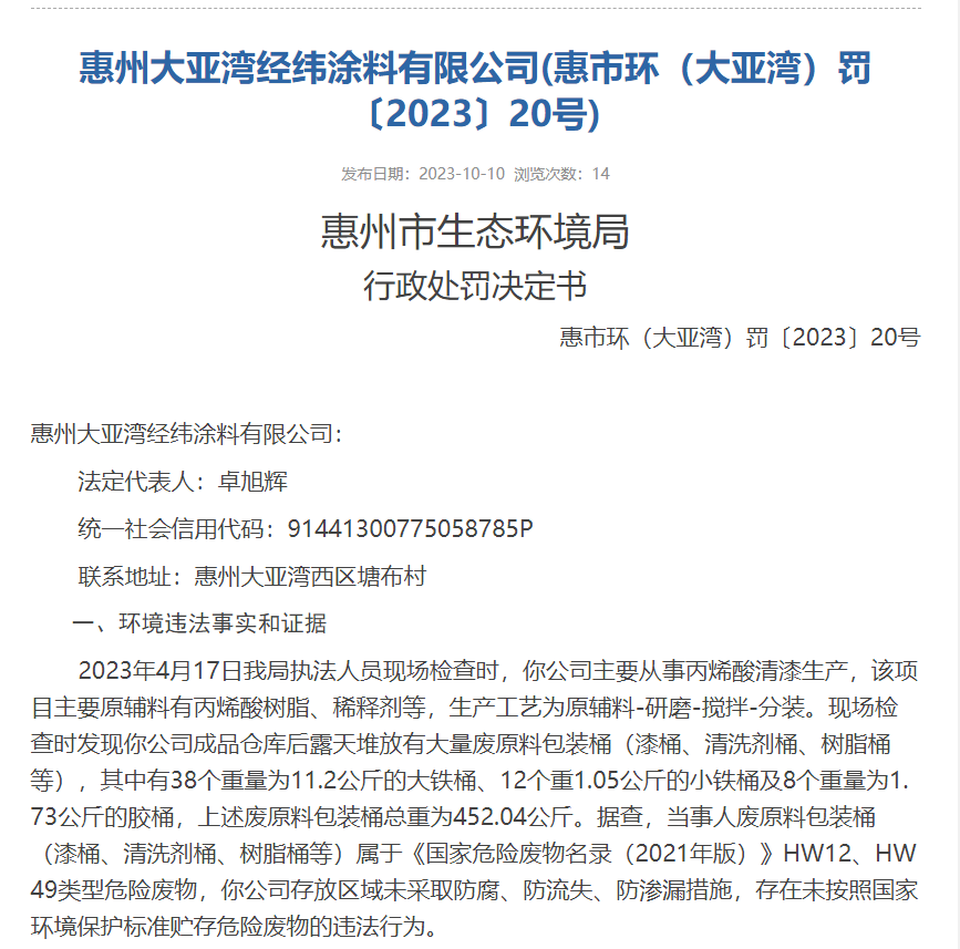 不按标准贮存危险废物，广东惠州一涂料企业被罚10万元！