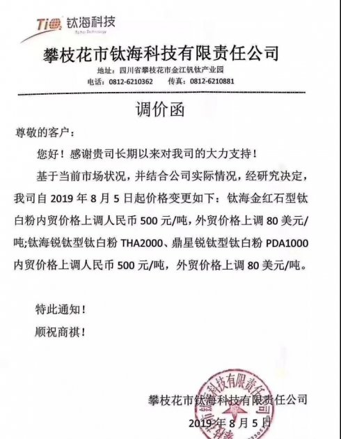 龙头纷纷提价，钛白粉再掀涨价潮？